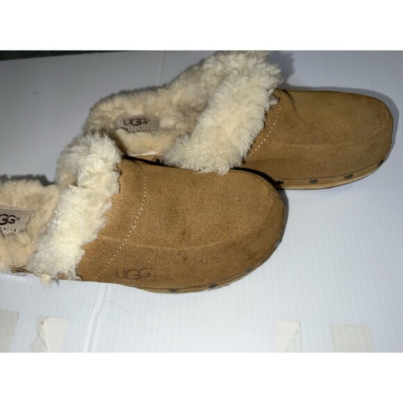 UGG Australia Women's Kalie Brown Suede Shoes US 8 Shearling Wooden Clogs Mules - Picture 3 of 12